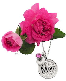 Mommy Chic "Mom" pendant with pink birthday stone and initial.