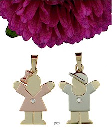 Boy and girl pendants in two tone 14k gold.