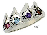 White gold birthstone ring with names.