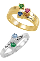 Birthstone rings with names.